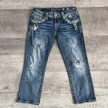 Miss Me  Ripped Easy Crop Blue Jean Women 26 (29X23) 8" Mid Rise Bling Destroyed