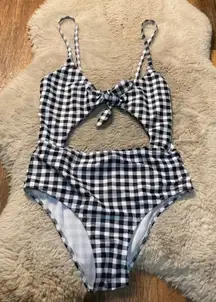 SHEIN Swimsuit One Piece Middle Cutout Size Medium Gingham‎ Check Tie Top