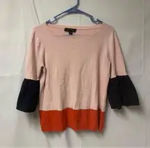 Ann Taylor  M Bell Sleeve Sweater Color Block Pink Orange Navy Blue Winter Jumper