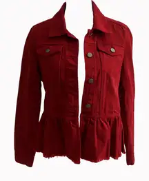 Miami Dark Red Denim Jacket Women’s Medium – Peplum Hem with Fringe Trim