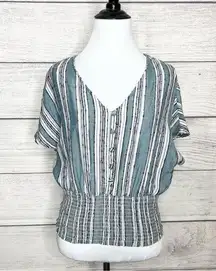 Angie Blue & White Woven Vertical Stripe Beachy Boho Top Size Medium