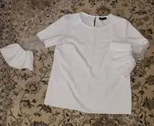 FLAW Elegant White Blouse with Sheer Sleeves pearl sparkles