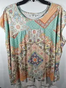 Cato Blouse Plus Size 22/24W Floral Mint Peach Paisley Print Shirt Cap Sleeve