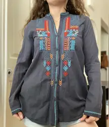 BIYA South‎ Western Embroidered Button Down Tunic Blouse Sz Small Blue Cotton