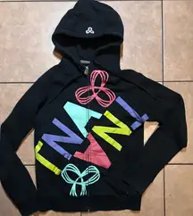 TNA Aritzia full zip hoodie with a multi-color logo graphic