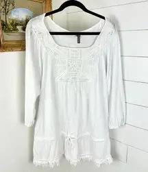 XCVI Cotton Embroidered Crochet Fringe Peasant Tunic White Size Medium