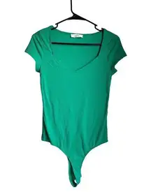 Elodie  Women's Short Cap Green Sleeve Ribbed Knit Sweetheart Bodysuit Top Size M