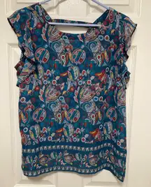 Loft Teal Blue Paisley Print Scoop Neck Flutter Short Sleeve Blouse