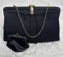 Vintage 50's After Five Black Satin Evening Bag w/ Rhinestone Clasp & Coin Purse