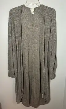 Chicos Crochet Tan Duster Cardigan Open Front Longline Open Knit Size 2/Large