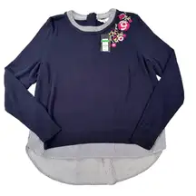 Crown & Ivy Layered Sweater Floral Embroidered Women's Large Navy Blue Stripe