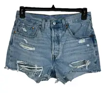Levi’s 501 SZ W30 Jean Shorts Button-Fly Distressed Light Wash Frayed Hems Blue