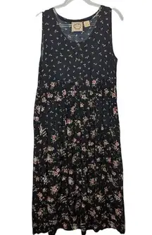 Erika Vintage 90's  Midi Jumper Dress Sleeveless Black with Pink Floral Pockets