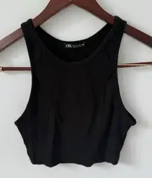 Zara Womans Black Basic Crew Neck Ribbed Knit‎ Crop Tank Top Size Large Staple