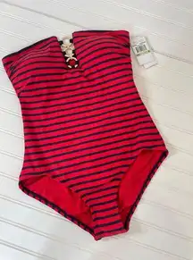 NWT Michael Kors One Piece Bathing Suit Red Stripe Strapless Swimsuit Size S