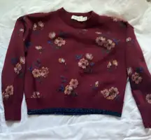 Coach: Burgundy Floral Jacquard Crewneck (66531)Sweater- Wool Blend- Metallic- S