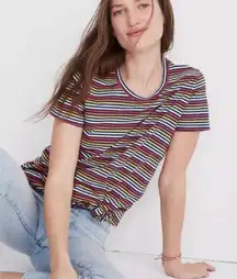 Madewell Rainbow Stripe Knot Crewneck Short Sleeve T Shirt XS Yellow Navy Tee