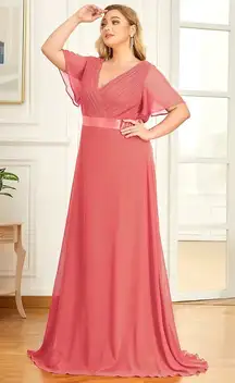 NWT Coral Pink Chiffon Flutter Sleeve V-Neck Floor Length Dress Gown Size 18