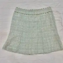 Nanette Leopore Sz 8 Green and white tweed pleated skirt with scalloped trim