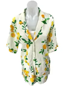 Zara White Linen Lemon Print Short Sleeve Button Up Shirt Blazer Coat Jacket M