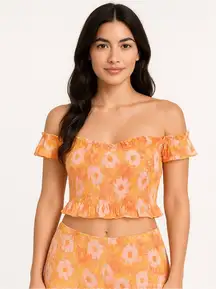 Women's Cotton On Orange Pink Floral Smocked Off-Shoulder Crop Top 14