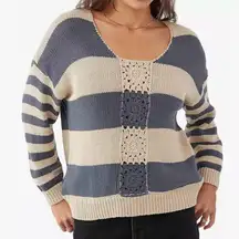 O'Neill Sweater Womens Size L Blue Cream‎ Stripe Crochet Y2K Beachy Coastal Boho