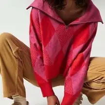 Free People Lucy In the Sky zip collared Red Pink Argyle Sweater oversized XS