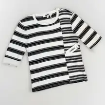 DKNY Womens Size Large White and Navy Ribbed Striped Knit Shirt Elbow Sleeve NEW