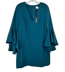 NWT Milly Shift Dress Ruffle Bell Sleeves Size 6 Teal Blue V-Neck Mini Party