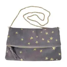 Moda Luxe Purse Gray Suede Gold Stars Foldover Clutch With Gold Chain Strap