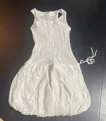 Women's White Gauze Textured Button Front Drawstring Pocket Dress M