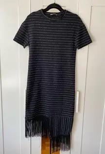 ZARA  TRAFALUC Size S Black White Striped Asymmetric Fringe Hem Midi Dress