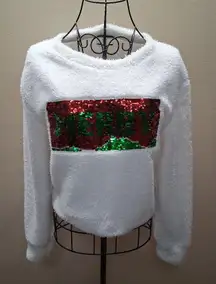 MERRY  Fuzzy Sweater with Red and Green Sequin Design