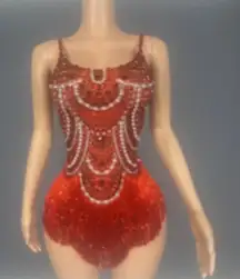 Stunning red beaded bodysuit with intricate fringe detailing. Perfect for performances or special occasions.