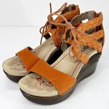 BIONICA Sunset Wedge Heels Sandal 7.5 Orange Leather Strappy Lace-up & Back Zip
