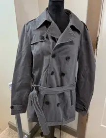 BASEMENT Button Front Tie Belted Grey Cotton Pea Coat Jacket Trench Business Cas