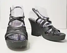 VTG 90s Black Block Heels Strappy Y2K Retro Shoes Sz‎ 7 Vintage Prom Sandals SEE