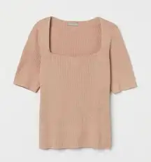 H&M  Beige Ribbed Short Sleeve Square Neck Top Size XL