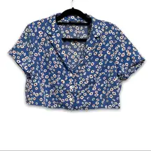 SheIn  Blue Daisy Button Up Crop Top Short Sleeve Floral Blouse L