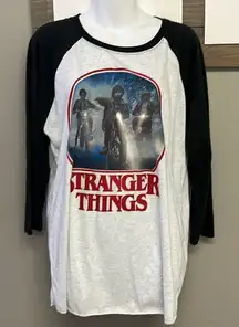 Stranger Things Heather Black/White Netflix Baseball 3/4 Sleeve T-Shirt- Large