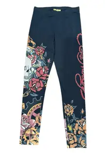 Ed Hardy Black Leggings with Skull and Floral Design Size Small