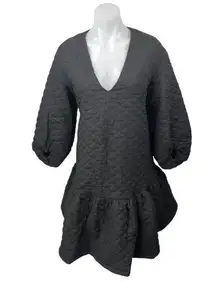 NEW ASOS Black Quilted Plunge Neck Balloon Sleeve Tiered Ruffle Hem Dress Size 2