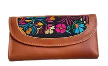 Handmade Handcrafted Boho Colorful Floral Embroidered Brown Leather Wallet