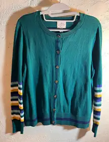 St. John's Bay Teal Cardigan with Striped Sleeves M preppy classic colorful