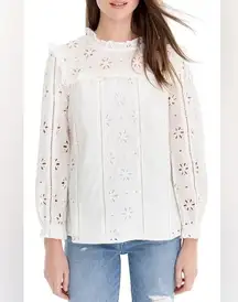 J. CREW Eyelet blouse top long sleeve ruffle mock neck floral lattice ladder
