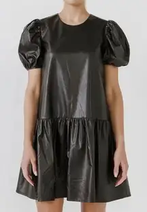 English Factory Black Faux Leather Puff Sleeve Dress