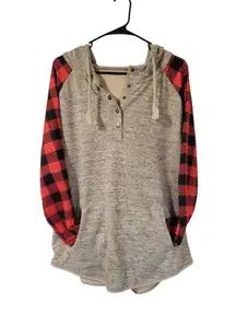 Unbranded Contrast  Women's Pull Over Hoodie Red Black Plaid Sleeves Size XL
