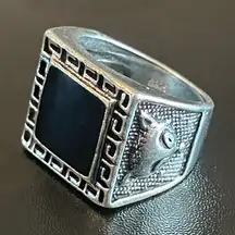 Fox pattern square obsidian S925 silver ring
