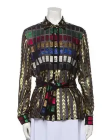 Marion Blouse Neck-Tie Coupe Metallic Semi-Sheer Button Down Striped