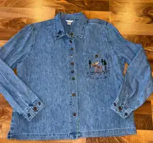Christopher & Banks Womens Denim Moose Embroidered Button Down Shirt Size L vtg